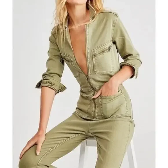 Free People Lennox Denim Utility Jumpsuit Army Green Size S - Picture 4 of 16